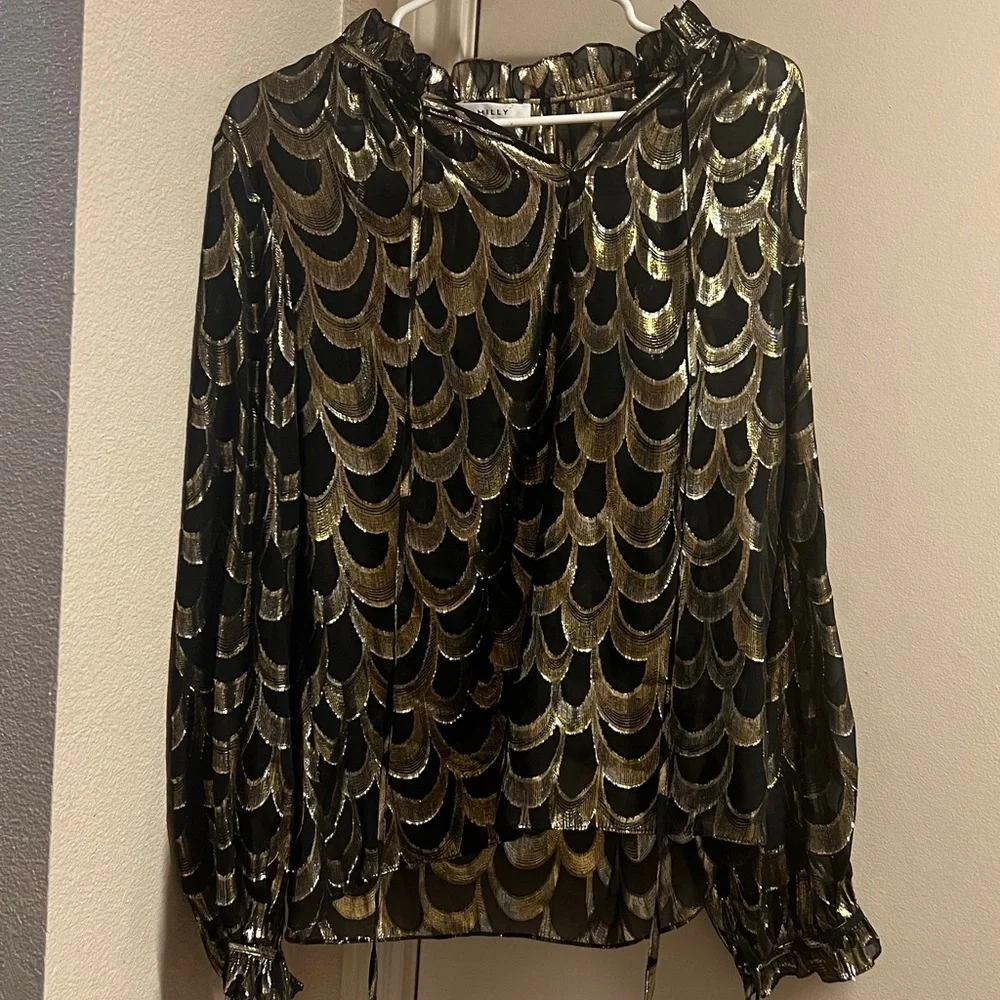 Milly Black & Gold Open Front Sheer Silk Blouse L - Picture 4 of 14